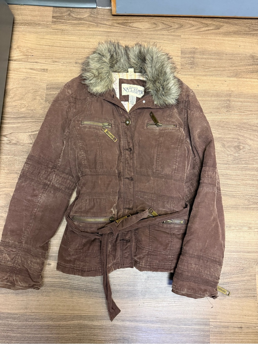 New York & Company Brown Belted Jacket with Faux-Fur Collar